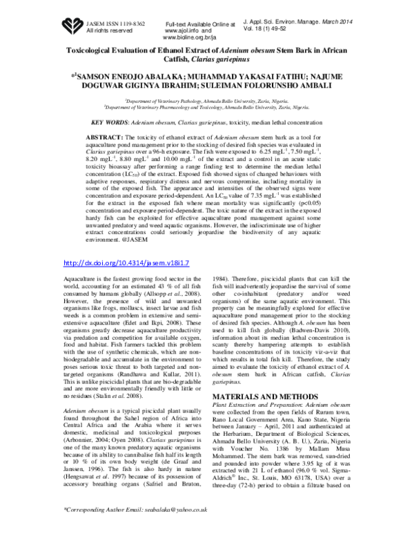 (PDF) Toxicological Evaluation of Ethanol Extract of Adenium obesum ...
