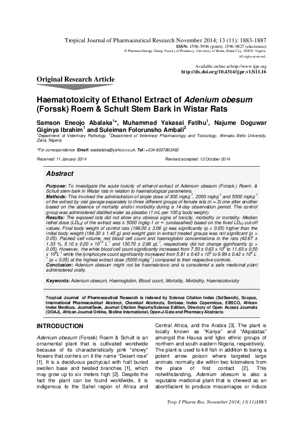 (PDF) Haematotoxicity of ethanol extract of Adenium obesum (Forssk ...
