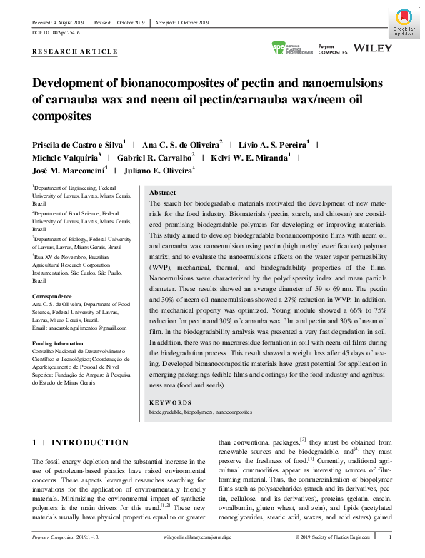 (PDF) Development of bionanocomposites of pectin and nanoemulsions of ...