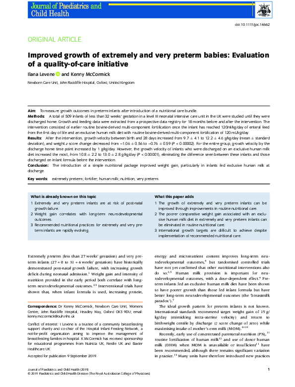 (PDF) Improved growth of extremely and very preterm babies: Evaluation ...
