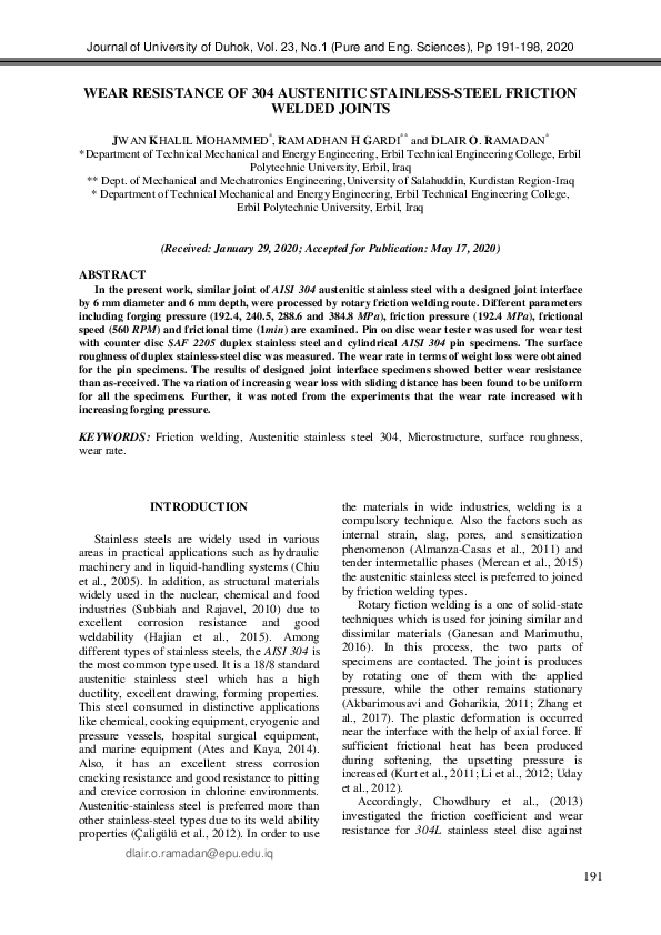 (PDF) WEAR RESISTANCE OF 304 AUSTENITIC STAINLESS-STEEL FRICTION WELDED ...