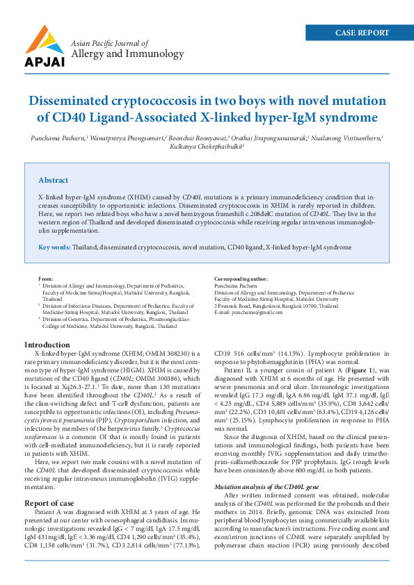 (PDF) Disseminated cryptococcosis in two boys with novel mutation of ...