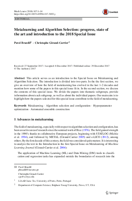 (PDF) Metalearning and Algorithm Selection: progress, state of the art ...