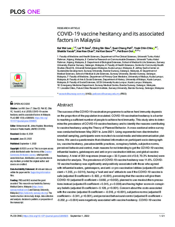 (PDF) COVID-19 vaccine hesitancy and its associated factors in Malaysia