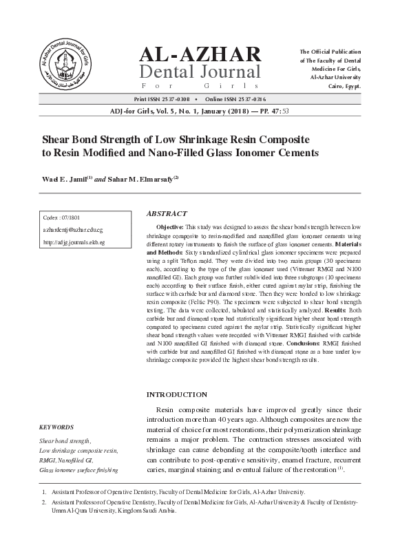 (PDF) Shear Bond Strength of Low Shrinkage Resin Composite to Resin Modified and NanoFilled