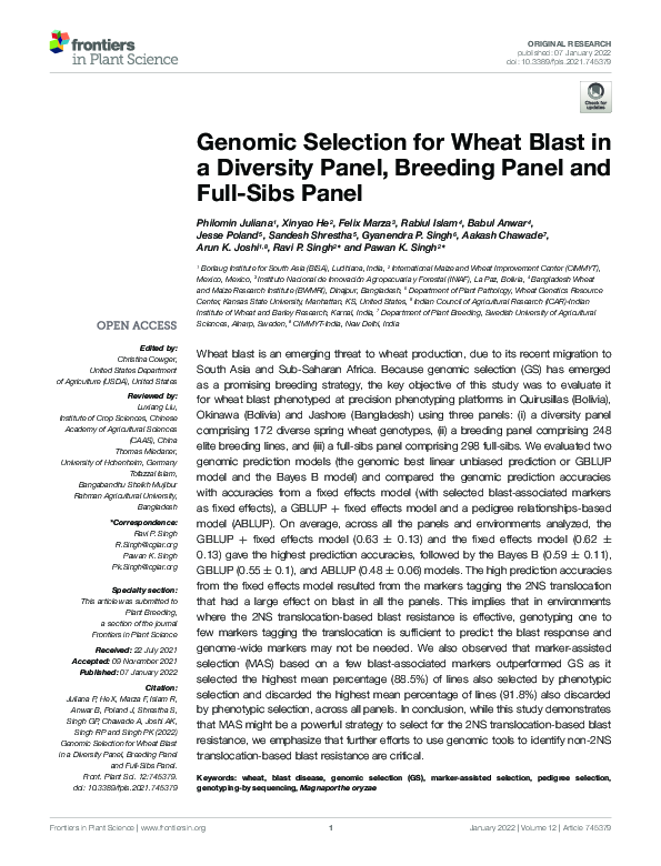 (PDF) Genomic Selection for Wheat Blast in a Diversity Panel, Breeding ...