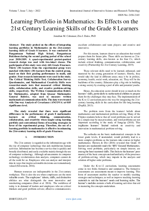 (PDF) Learning Portfolio in Mathematics: Its Effects on the 21st ...