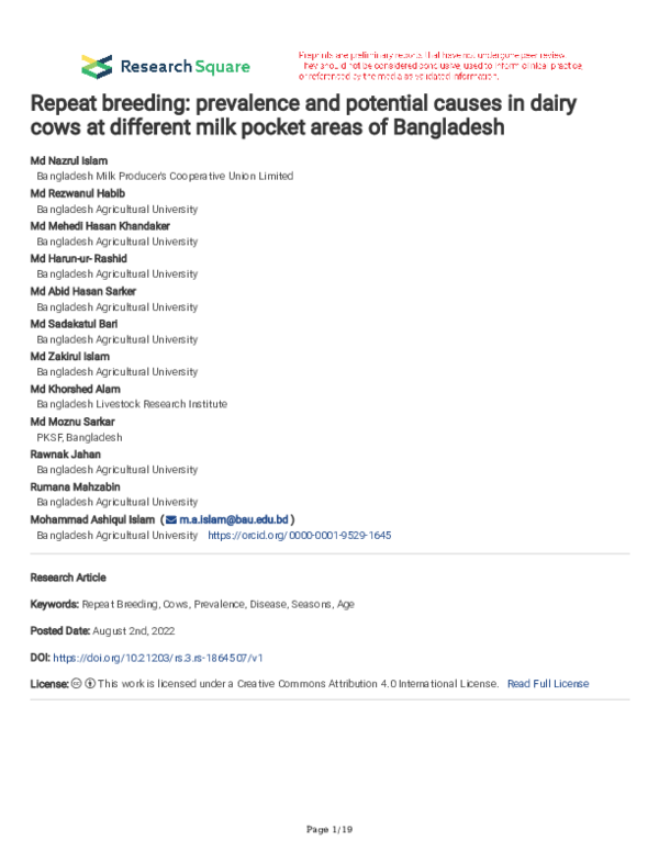(PDF) Repeat breeding prevalence and potential causes in dairy cows at