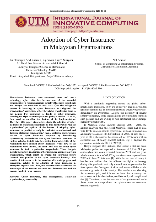 (PDF) Adoption of Cyber Insurance in Malaysian Organisations