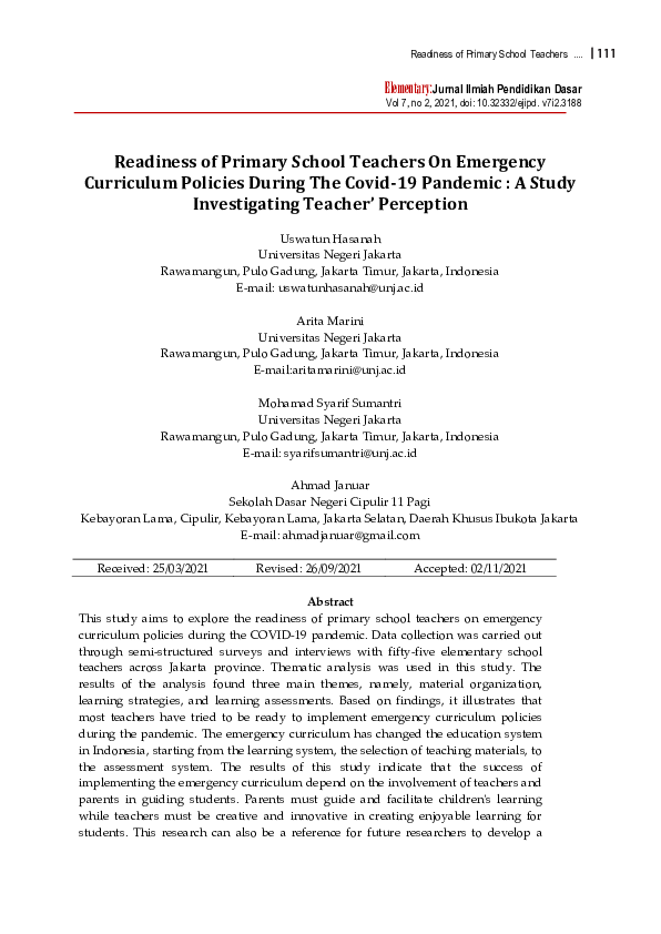 (PDF) Readiness of Primary School Teachers On Emergency Curriculum ...