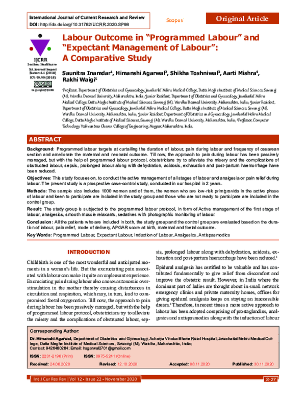 Pdf Labour Outcome In Programmed Labour And Expectant Management