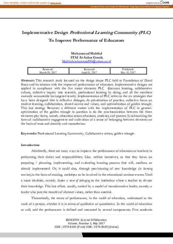 (PDF) Implementative Design Professional Learning Community (PLC) To ...