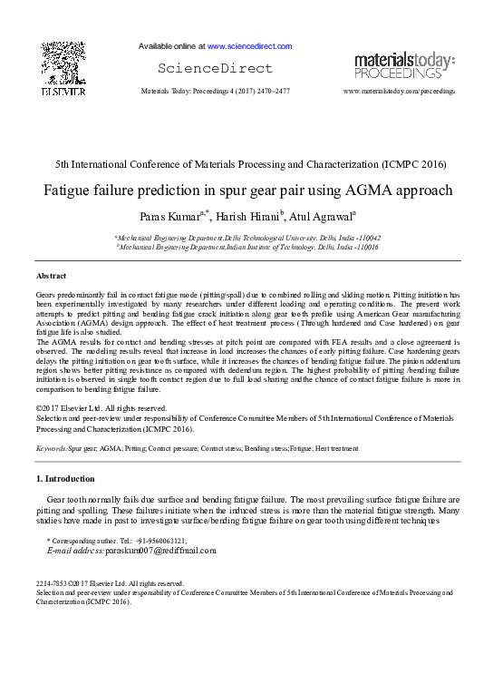 (PDF) Fatigue failure prediction in spur gear pair using AGMA approach