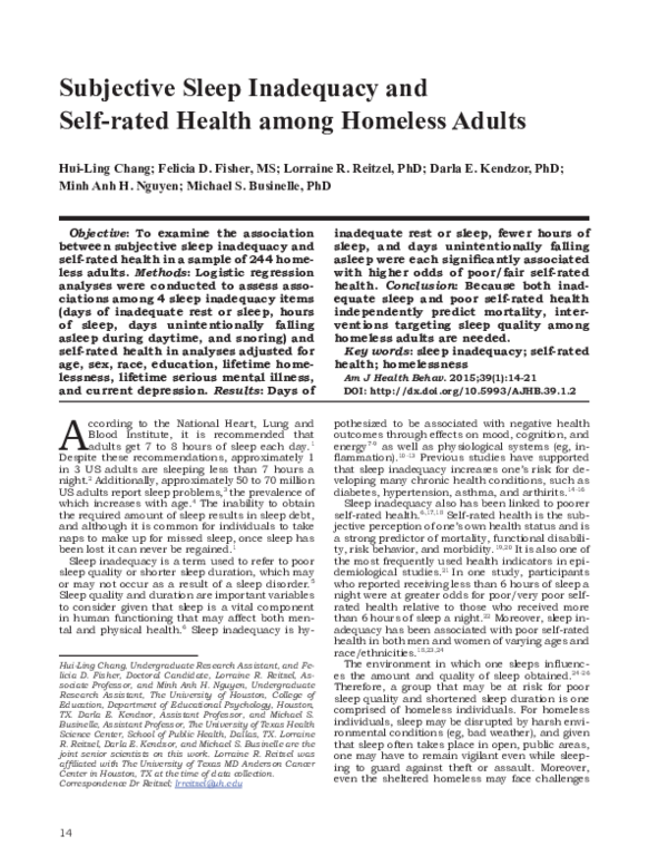 (PDF) Subjective Sleep Inadequacy and Self-rated Health among Homeless ...