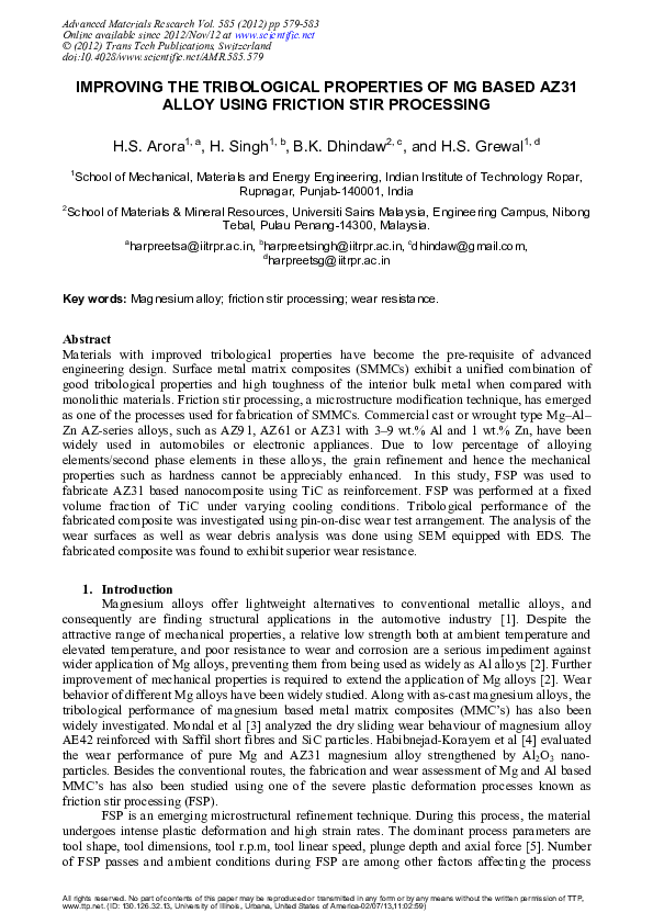 (PDF) Improving the Tribological Properties of Mg Based AZ31 Alloy ...