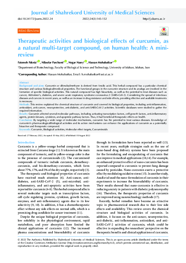 (PDF) Therapeutic activities and biological effects of curcumin, as a ...