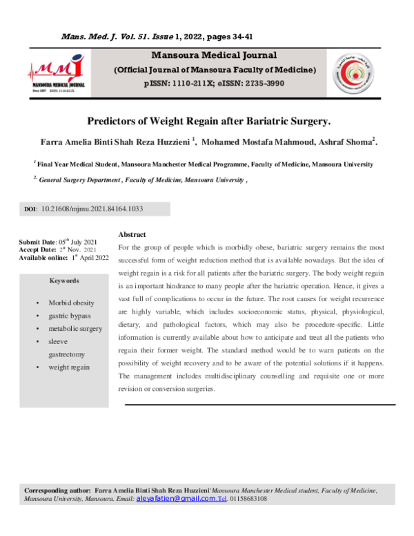 (PDF) Predictors of Weight Regain after Bariatric Surgery