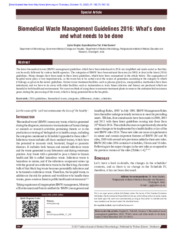 (PDF) Biomedical waste management guidelines 2016 What's done and what