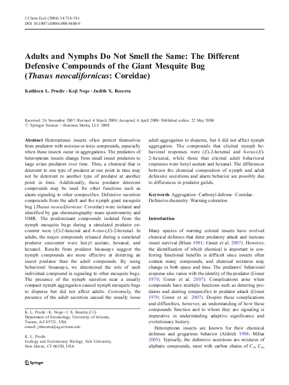 (PDF) Defensive Compounds in Mesquite Bugs' Lifecycles