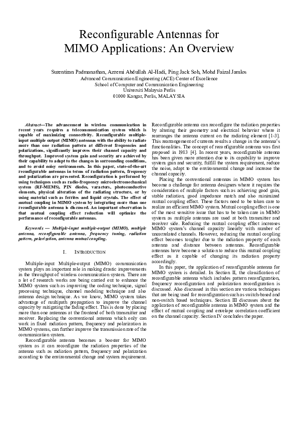 Pdf Reconfigurable Antennas For Mimo Applications An Overview