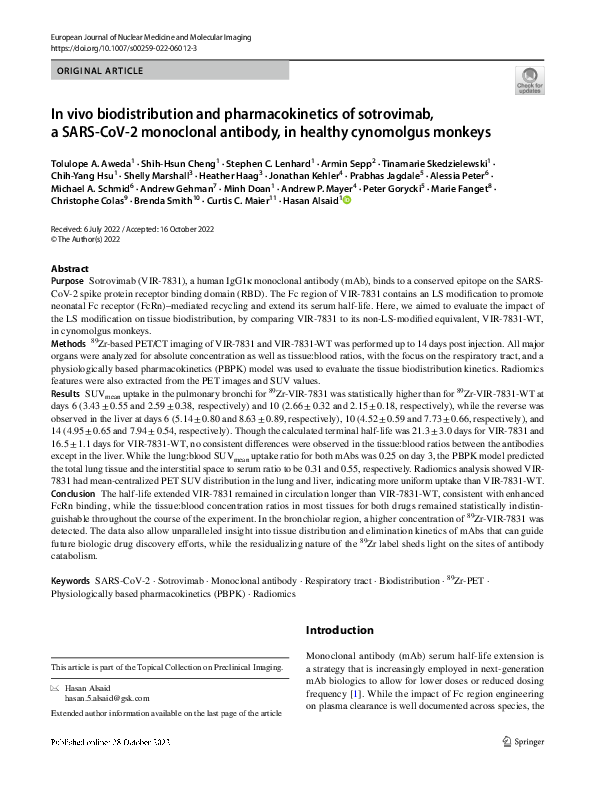 (PDF) In vivo biodistribution and pharmacokinetics of sotrovimab, a ...