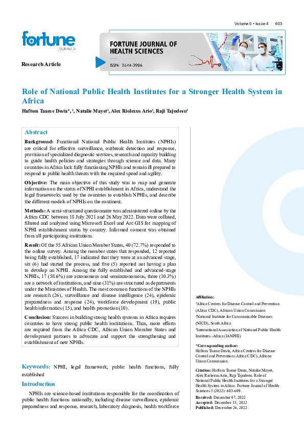 (PDF) Role of National Public Health Institutes for a Stronger Health ...