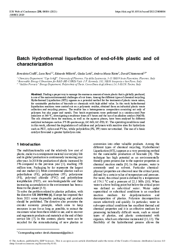 (PDF) Batch Hydrothermal liquefaction of end-of-life plastic and oil ...