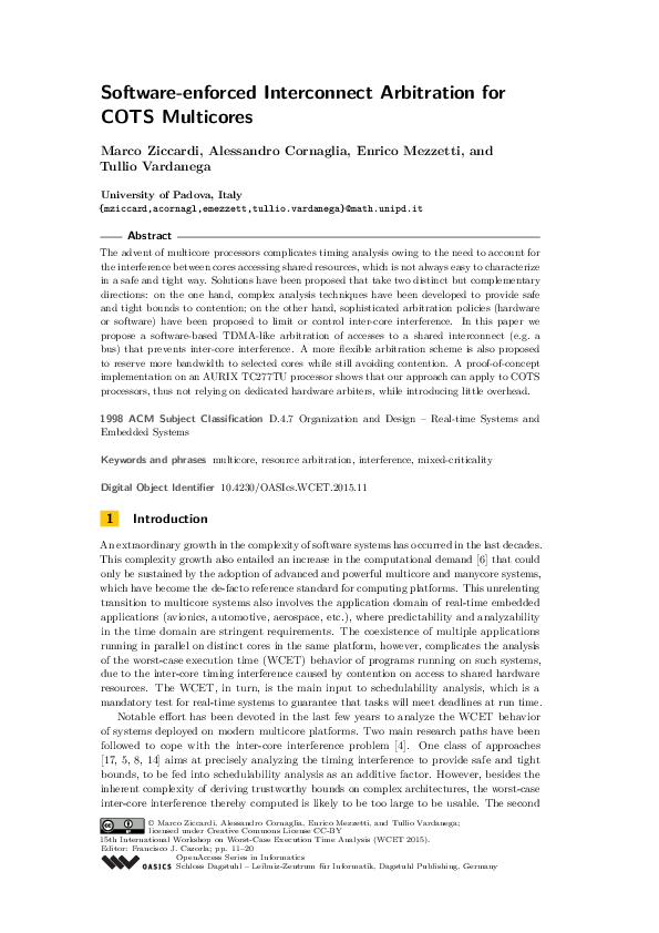 (PDF) Softwareenforced Interconnect Arbitration for COTS Multicores Tullio Vardanega