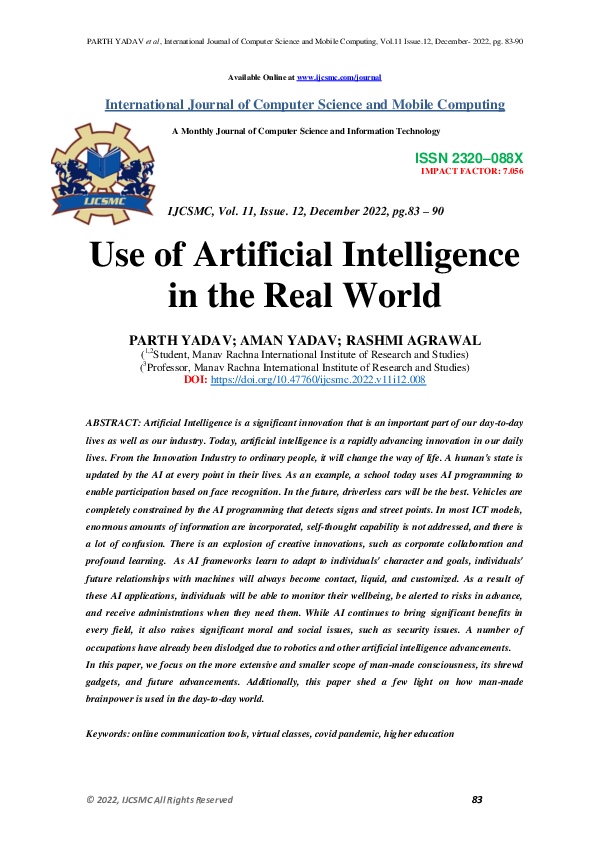 (PDF) Use of Artificial Intelligence in the Real World