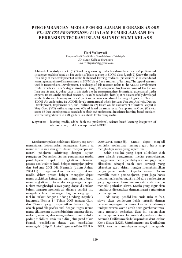 Pengembangan Media Pembelajaran Berbasis Adobe Flash CS3 Professional Dalam Pembelajaran Ipa Berbasis Integrasi Islam-Sains DI SD/MI Kelas 5