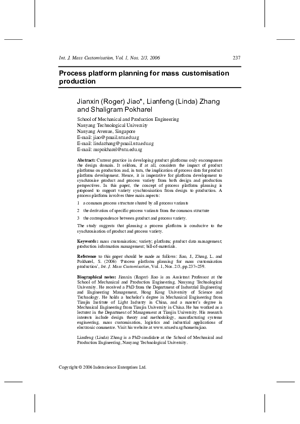(PDF) Process platform planning for mass customisation production