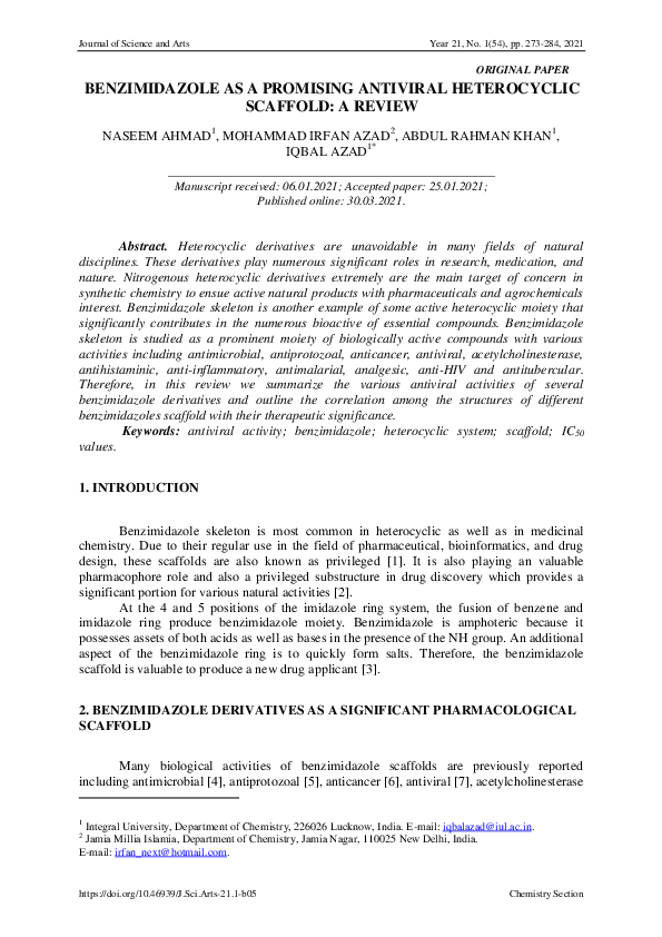 (PDF) Benzimidazole as a Promising Antiviral Heterocyclic Scaffold: A ...