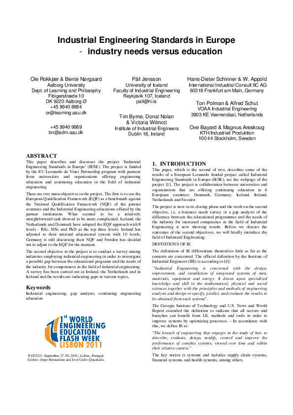 (PDF) Industrial Engineering Standards in Europe-industry needs versus ...