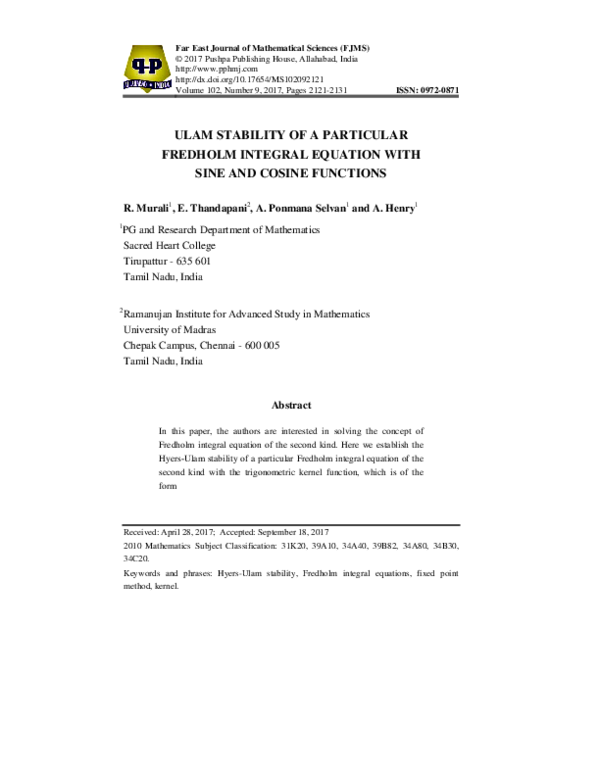 (PDF) Ulam Stability of a Particular Fredholm Integral Equation with ...