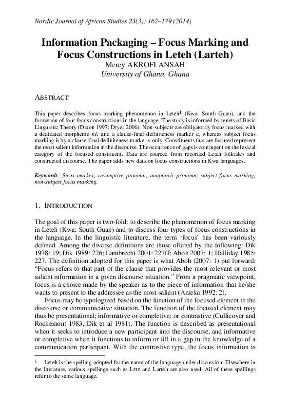 (PDF) Information Packaging – Focus Marking and Focus Constructions in ...