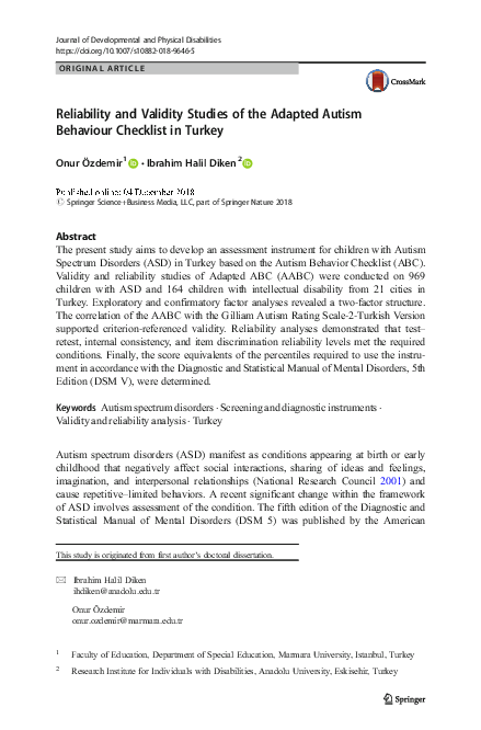 (PDF) Reliability and Validity Studies of the Adapted Autism Behaviour ...