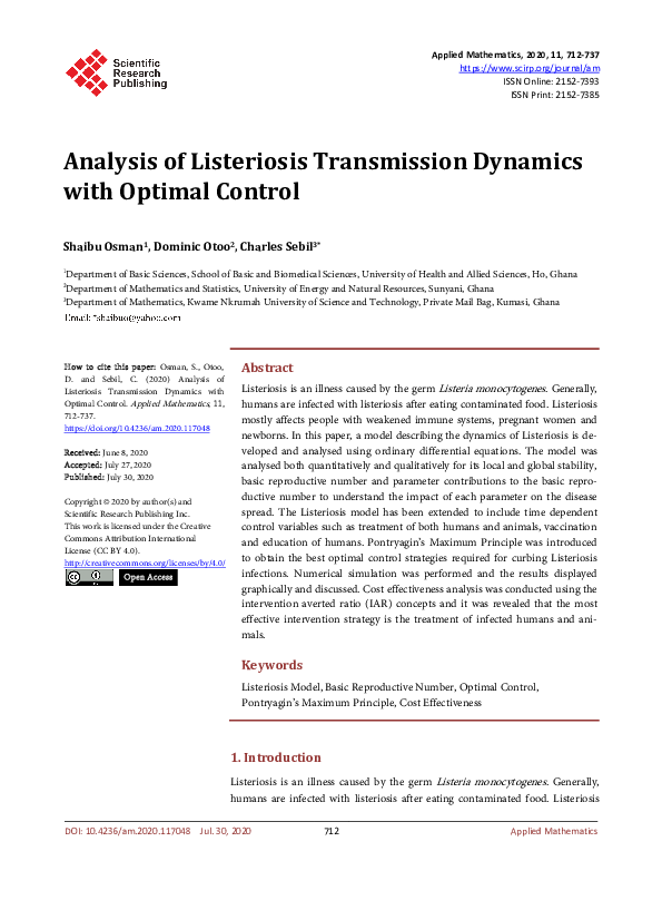 (PDF) Analysis of Listeriosis Transmission Dynamics with Optimal Control