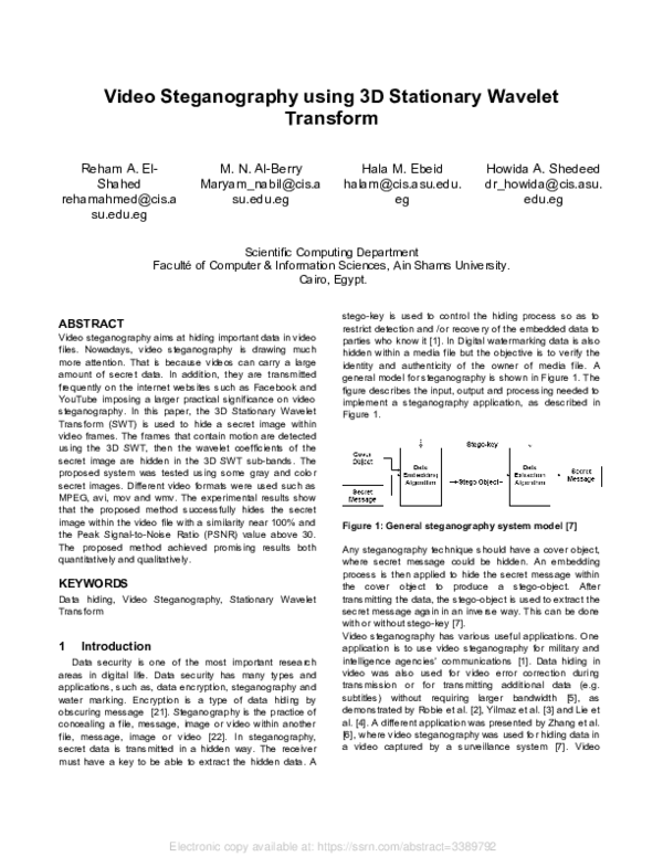 (PDF) Video Steganography using 3D Stationary Wavelet Transform