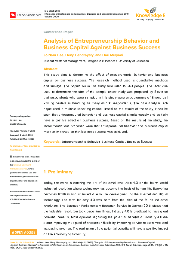(PDF) Analysis of Entrepreneurship Behavior and Business Capital ...