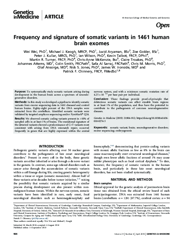 (PDF) Frequency and signature of somatic variants in 1461 human brain ...