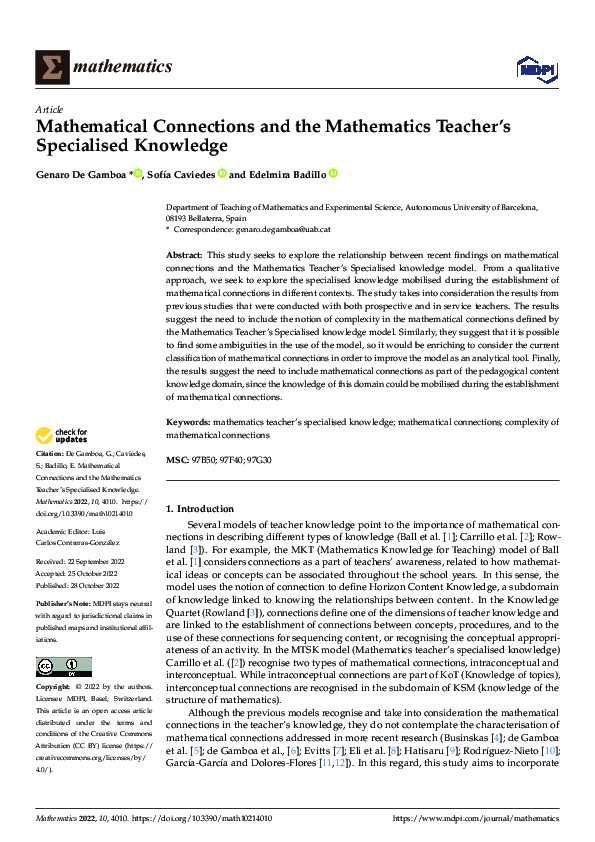 (PDF) Mathematical Connections and the Mathematics Teacher’s ...