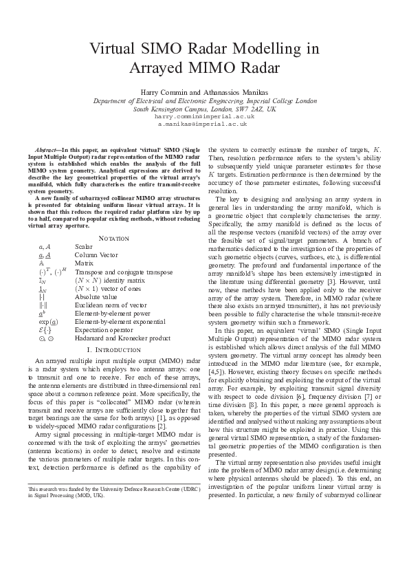 (PDF) Virtual SIMO radar modelling in arrayed MIMO radar