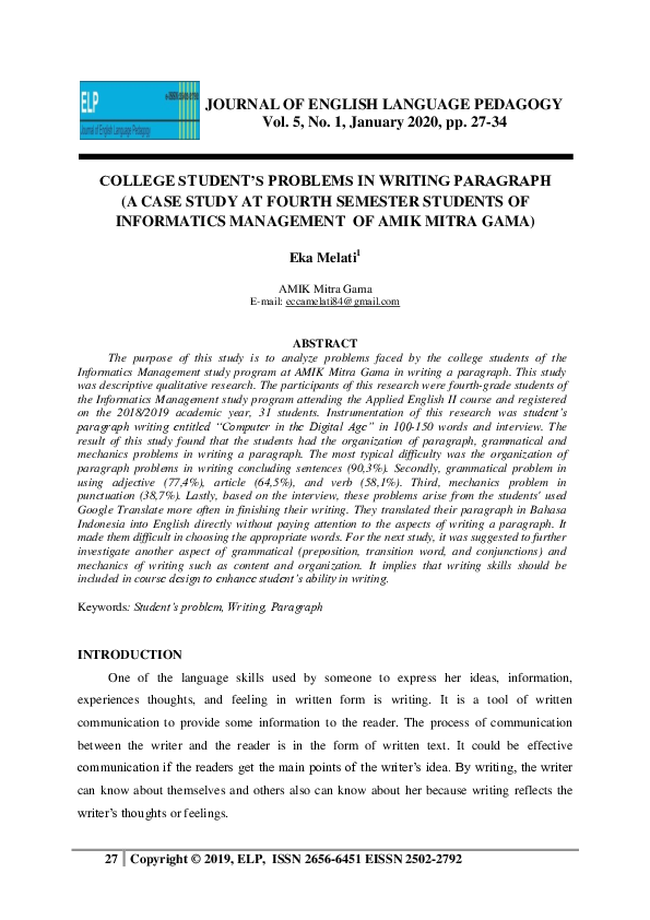 (PDF) College Student’s Problems in Writing Paragraph ( a Case Study at ...