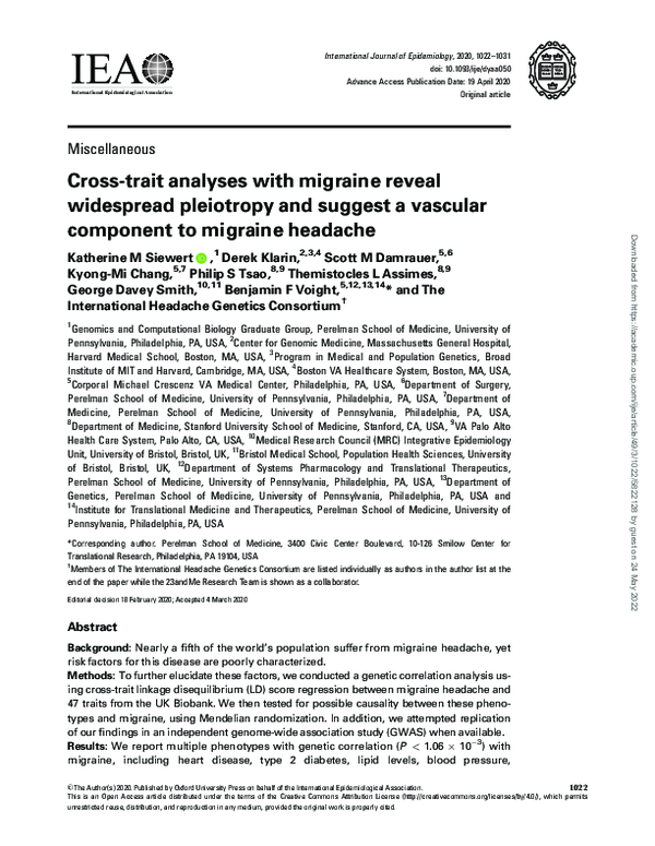Fresh Look at Pdf Cross Trait Analyses With Migraine Reveal Widespread Pleiotropy