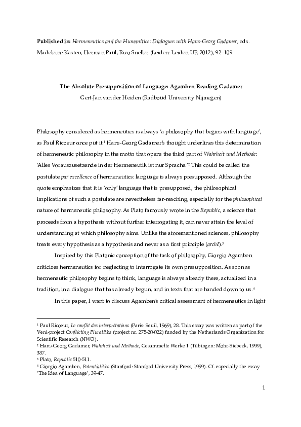(PDF) The Absolute Presupposition of Language Agamben Reading Gadamer