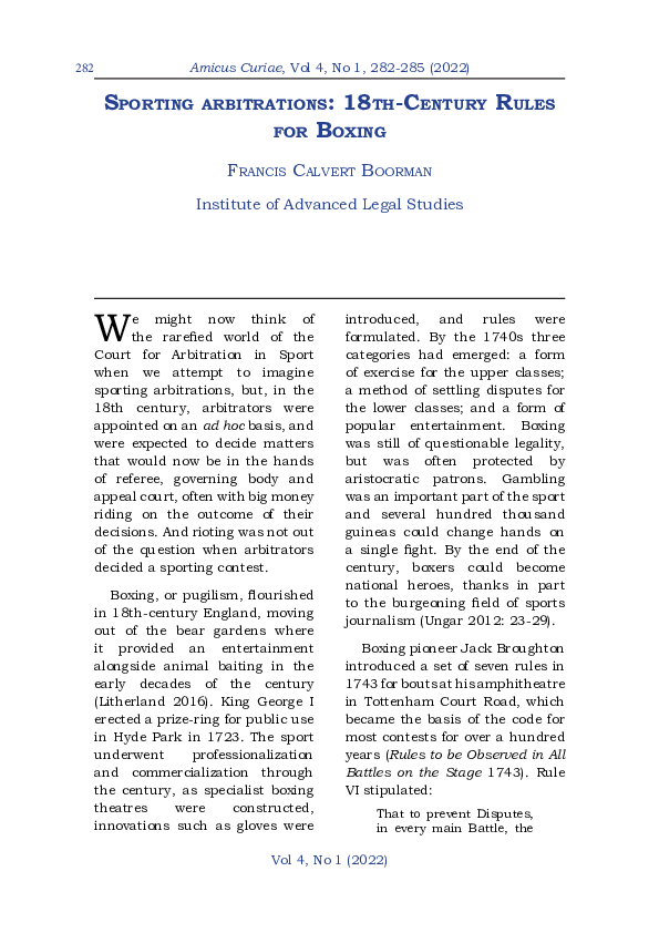 (PDF) Sporting arbitrations: 18th-Century Rules for Boxing