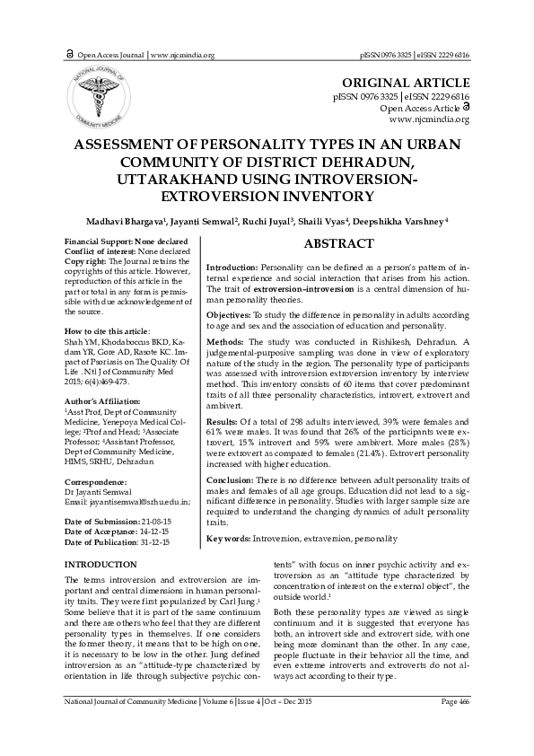 Pdf Assessment Of Personality Types In An Urban Community Of District