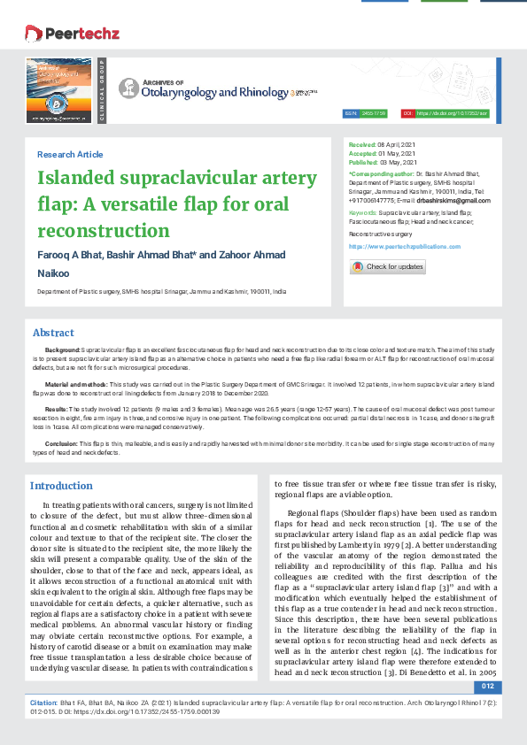 (PDF) Islanded supraclavicular artery flap: A versatile flap for oral ...