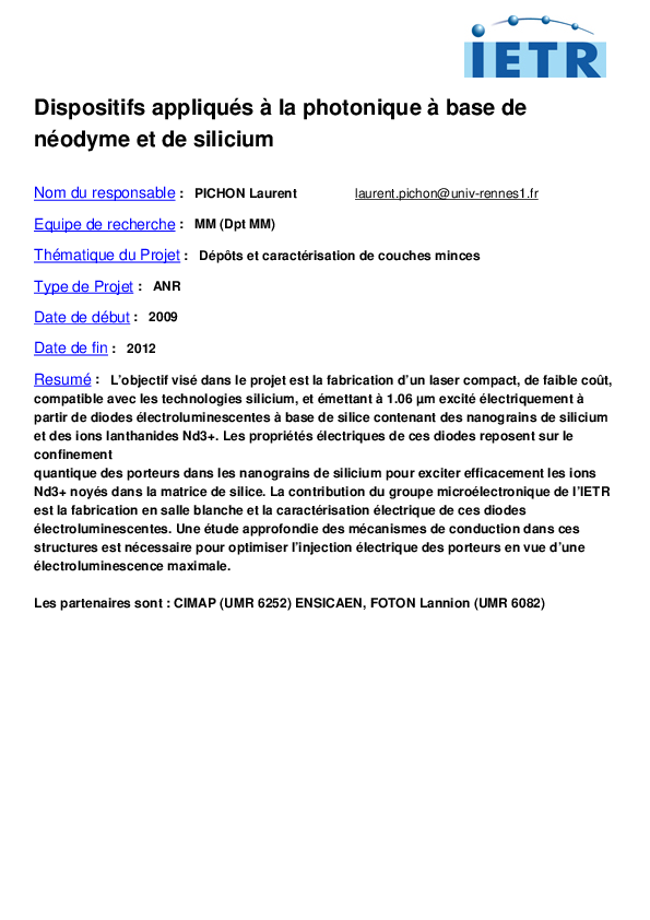 (PDF) Dispositifs Appliqués à la Photonique à base de Néodyme et de ...
