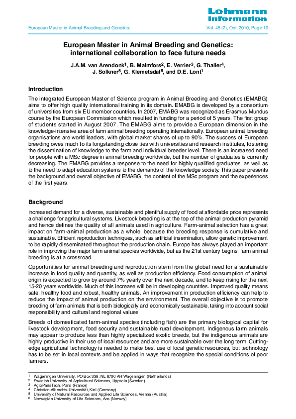 (PDF) European Master in Animal Breeding and Genetics: international ...
